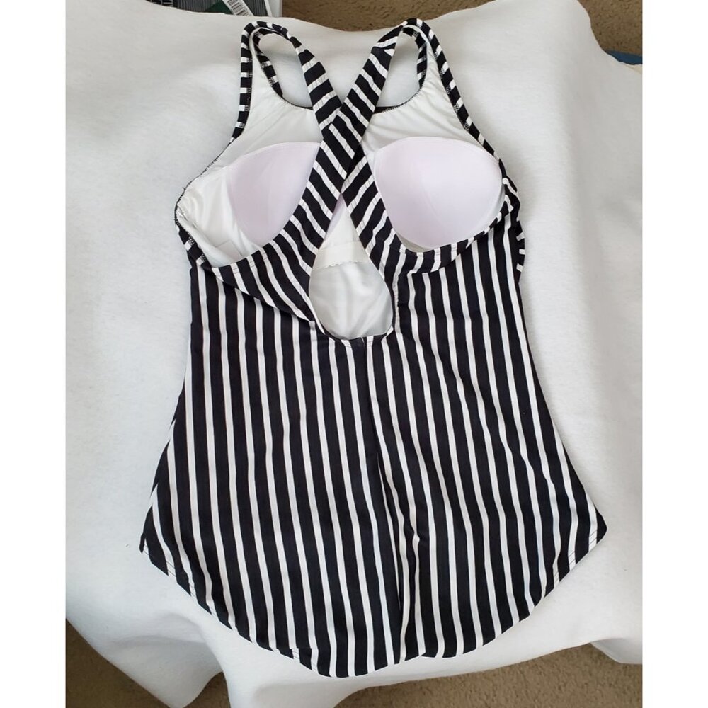 Women's Lands' End One Piece Swimsuit Black White Stripe Size L Full Coverage - Picture 8 of 8